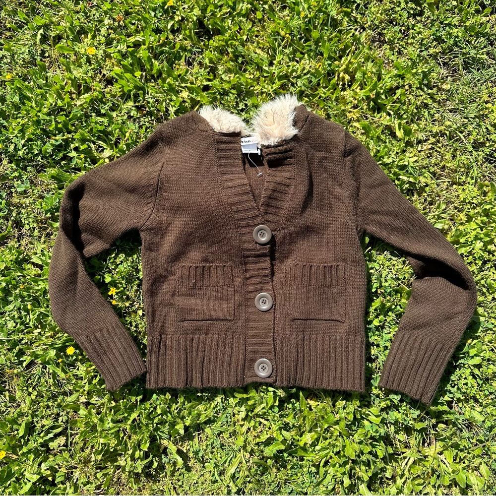 brown cropped cardigan with fur trim hood - size xs